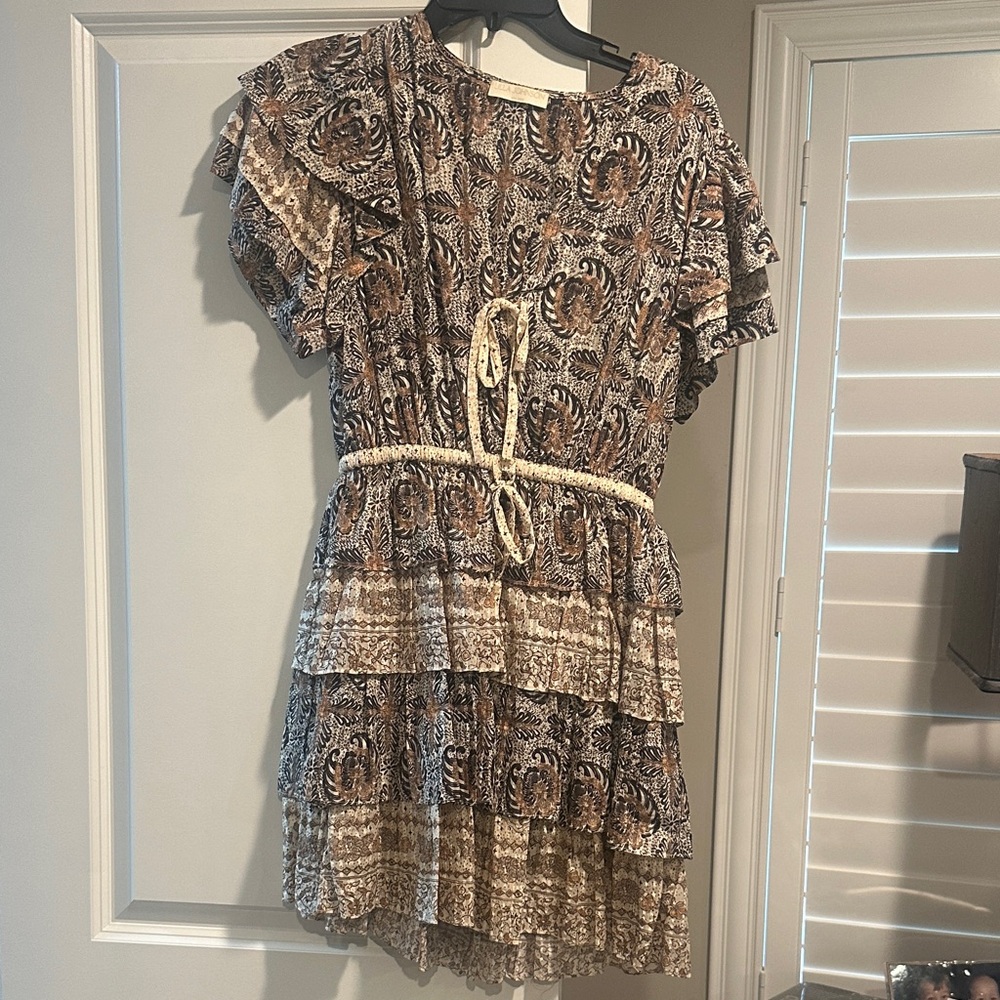 Ulla Johnson Brown and Cream Paisley Tiered Mini Dress